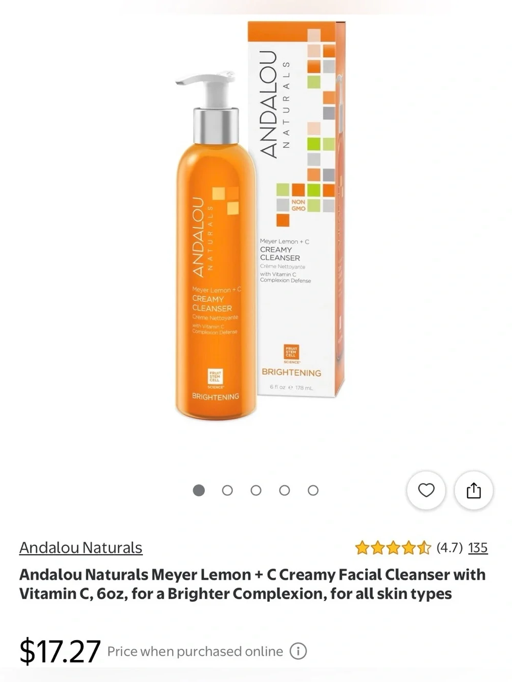 Andalou Naturals | Creamy Cleanser Meyer Lemon + C | Brightening Fruit Stem Cell